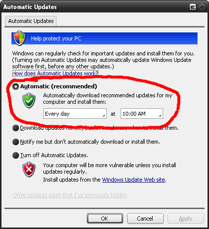Scheduling automatic updates with Windows XP
