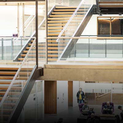 View of the main staircase in the Gates Center atrium.