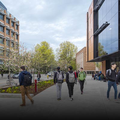 Students crossing Stevens Way between the two Allen School buildings