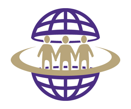 Logo graphic featuring line drawing of world as networked lines bisected with row of three human avatars