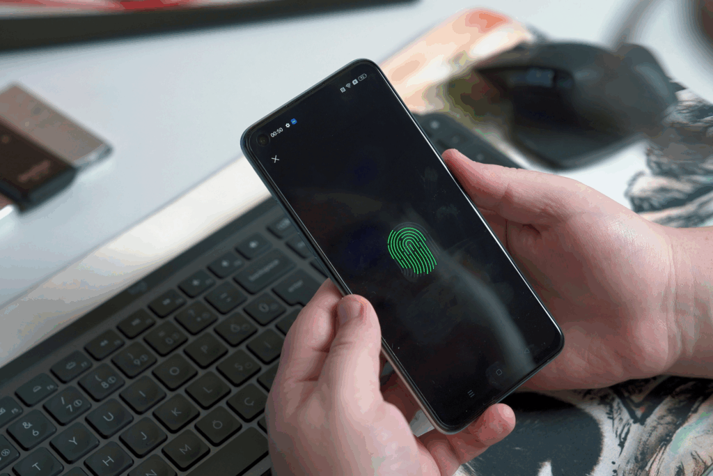 Hands holding a smartphone with a fingerprint icon on the unlock screen.