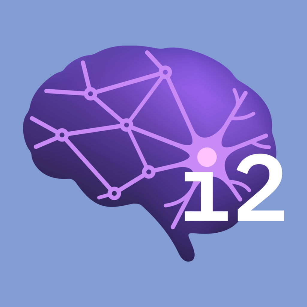 i2's logo with a blue background and purple brain.