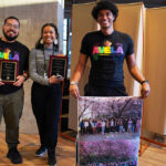 Vicente Arroyos, Leilani Battle and Kyle Johnson accept the SIGCHI Special Recognition for their work with AVELA. Kyle holds a poster of a group photo of all other AVELA members.