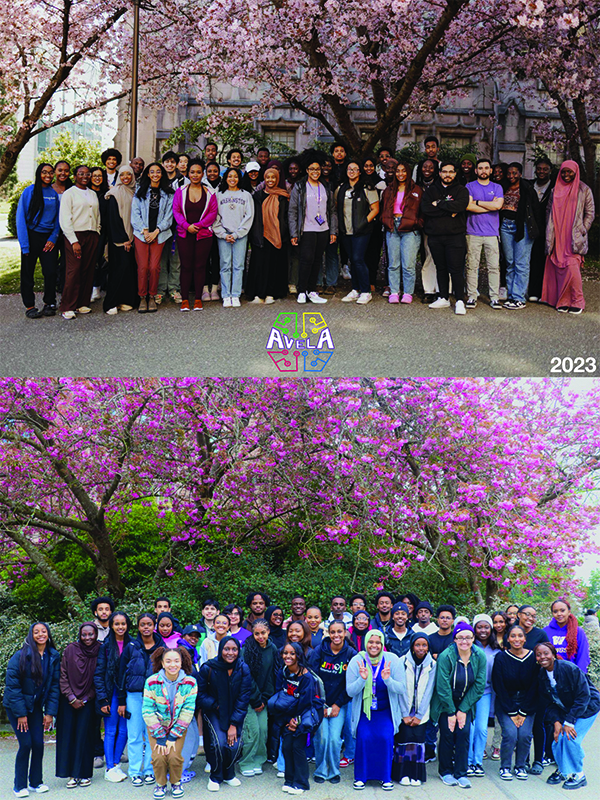 A poster showing two group photos of AVELA members posing among the University of Washington cherry blossoms. The top photo shows the group in 2023, and the bottom photo shows the AVELA group photo in 2024.