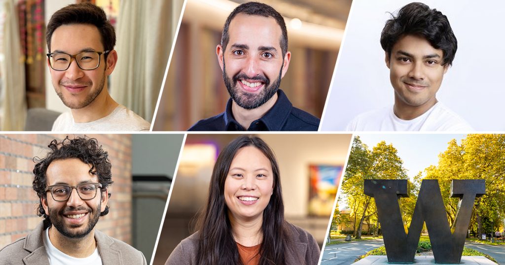 A collage of headshots of NSF CAREER Award-winning faculty from left to right: Andrea Colandangelo, Matthew Golub, Ranjay Krishna, Chinmay Nirkhe and Stephanie Wang. The final image in the collage shows the bronze University of Washington "W".