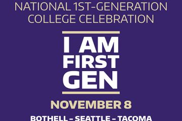 Gold and white text against a purple background reads, "National First-Generation College Celebration. I am First Gen. November 8."