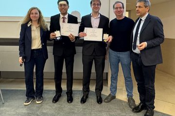 Thomas Rothvoss (center) receives the Trevisan Prize with Laura Sanità from Bocconi University, Yang P.  Liu from Carnegie Mellon University, along with Alon Rosen and Riccardo Zecchina from Bocconi University.
