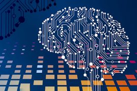 Illustration of a networked brain against different colored cubes of light