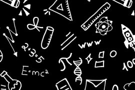 Handwritten math and science symbols such as Pi, a test tube, E=mc2, a ruler, a triangle and a rocket ship