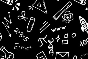 Handwritten math and science symbols such as Pi, a test tube, E=mc2, a ruler, a triangle and a rocket ship