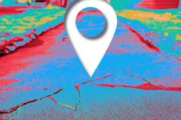 Illustration of a digital map pin superimposed on an infrared-styled image of a broken sidewalk
