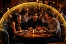 Three people seated around a table talking in a crowded restaurant with a virtual bubble surrounding them