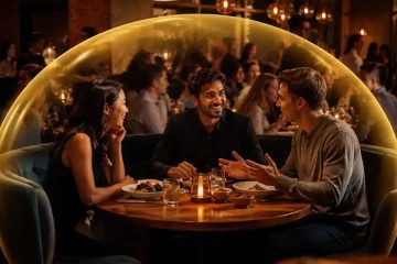 Three people seated around a table talking in a crowded restaurant with a virtual bubble surrounding them