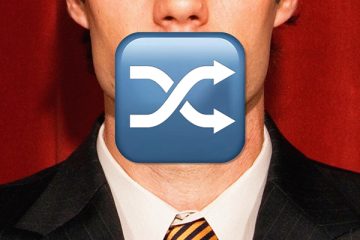 Closeup of face and neck of person in suit and tie with horizontal crossed arrow symbol covering their mouth