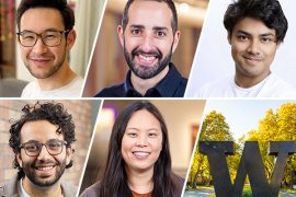 A collage of headshots of NSF CAREER Award-winning faculty from left to right: Andrea Colandangelo, Matthew Golub, Ranjay Krishna, Chinmay Nirkhe and Stephanie Wang. The final image in the collage shows the bronze University of Washington "W".