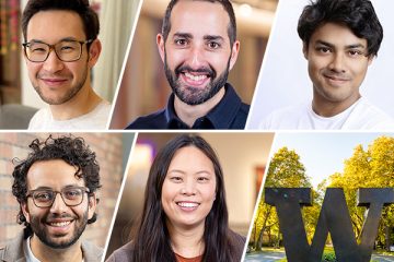 A collage of headshots of NSF CAREER Award-winning faculty from left to right: Andrea Colandangelo, Matthew Golub, Ranjay Krishna, Chinmay Nirkhe and Stephanie Wang. The final image in the collage shows the bronze University of Washington "W".