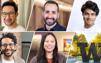 A collage of headshots of NSF CAREER Award-winning faculty from left to right: Andrea Colandangelo, Matthew Golub, Ranjay Krishna, Chinmay Nirkhe and Stephanie Wang. The final image in the collage shows the bronze University of Washington "W".