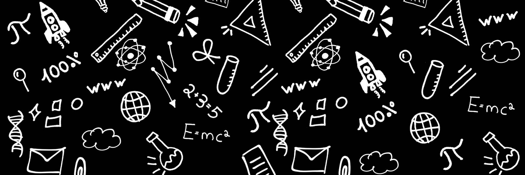 Science and math symbols hand drawn in white on a black background